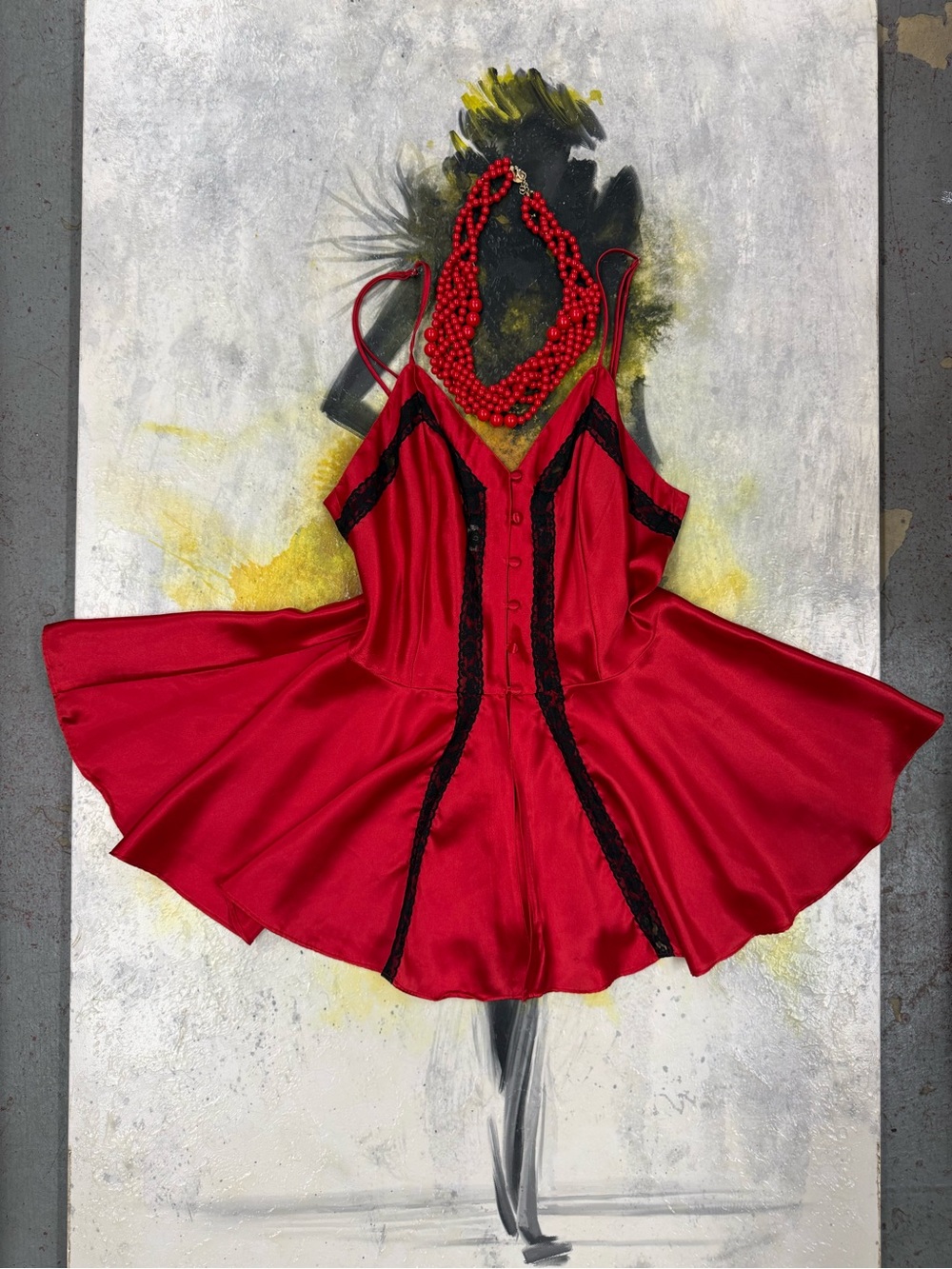 Victoria's Secret Red Satin Slip with Black Lace Trim